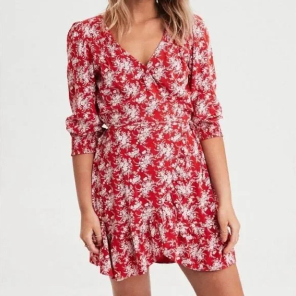 American Eagle Red White Floral Wrap Dress